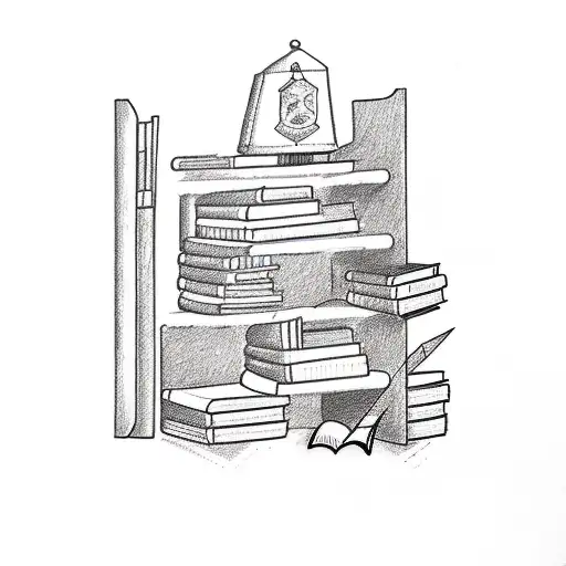 A detailed sketch of a bookshelf filled with various books and a quill pen tattoo design idea