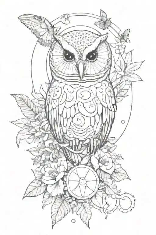 science and biology tattoo with an owl, skulls, plants, space.  tattoo design idea