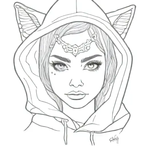 pretty girls face with big eyes and eyelashes and a hood of a bobcat head  tattoo design idea