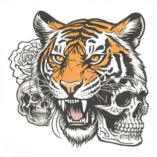 tigers head above human skull tattoo design idea