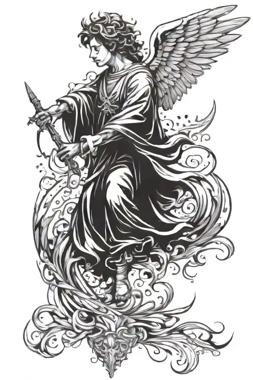 Make me a tattoo of Angel Micheal with burnt feathers. In black and white tattoo design idea
