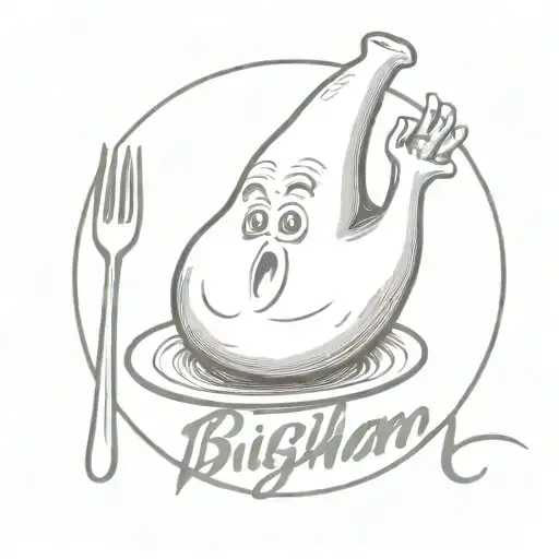 a dinner ham covered with a sheet like a ghost and with 'Bigham' in cursive  tattoo design idea