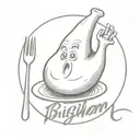 a dinner ham covered with a sheet like a ghost and with 'Bigham' in cursive  tattoo design idea