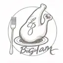 a dinner ham covered with a sheet like a ghost and with 'Bigham' in cursive  tattoo design idea
