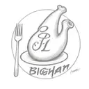 a dinner ham covered with a sheet like a ghost and with 'Bigham' in cursive  tattoo design idea