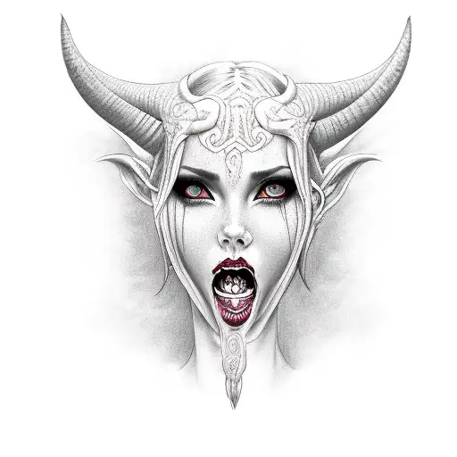 Lilith face, horns, tongue piercing, tongue out, pretty face, beautiful, demon tattoo design idea