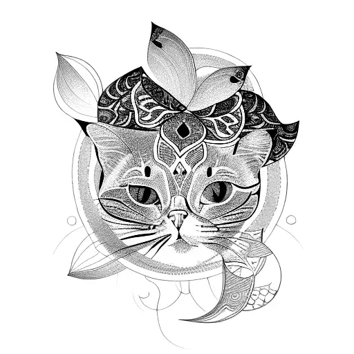 prsian cat face in mandala lotus tattoo design idea