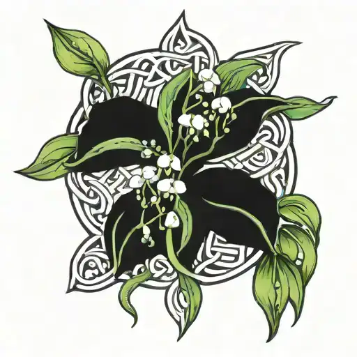 A Celtic sibling knot intertwined with lily of the valley flowers, surrounded by raw emeralds tattoo design idea