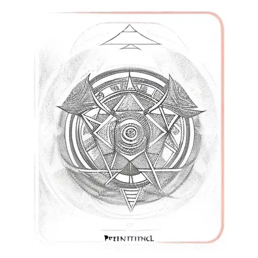 8 of Pentacles tarot card. Overlay a single, watchful eye on the card, with geometric lines radiating outwards. tattoo design idea