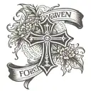 Traditional cross with forgiven wrote with dandelion tattoo design idea