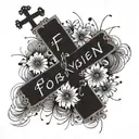 basic cross with forgiven wrote with dandelion flowers tattoo design idea