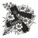 basic cross with forgiven wrote with dandelion flowers tattoo design idea
