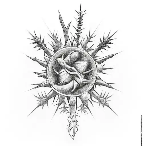 Circle of thorns and flowers. Inside a battlefield covered in regrowth. A warrior figure walking towards “hard times”  tattoo design idea