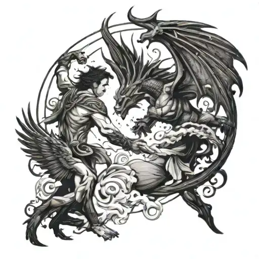 Supernatural creatures inspired by Roman mythology battling in an epic scene tattoo design idea