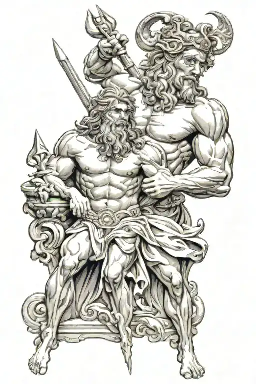 Zeus looking over Poseidon holding a trident tattoo design idea