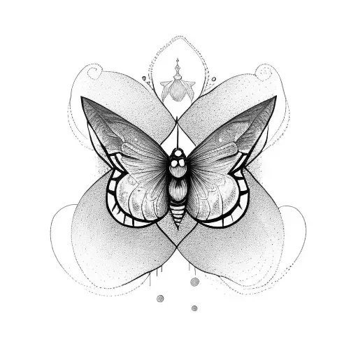 mariposa com uma lua na parte de cima e ramos de folhas  tattoo design idea