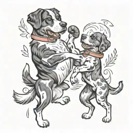 tattoo sketch showing boxing, father and daughter, 4 dogs Beagle York Spaniel and Bernese Mountain Dog, sun, dance, music, Odino tattoo design idea