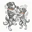 tattoo sketch showing boxing, father and daughter, 4 dogs Beagle York Spaniel and Bernese Mountain Dog, sun, dance, music, Odino tattoo design idea