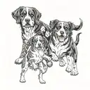 tattoo sketch showing boxing, father and daughter, 4 dogs Beagle York Spaniel and Bernese Mountain Dog, sun, dance, music, Odino tattoo design idea