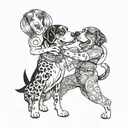 tattoo sketch showing boxing, father and daughter, 4 dogs Beagle York Spaniel and Bernese Mountain Dog, sun, dance, music, Odino tattoo design idea