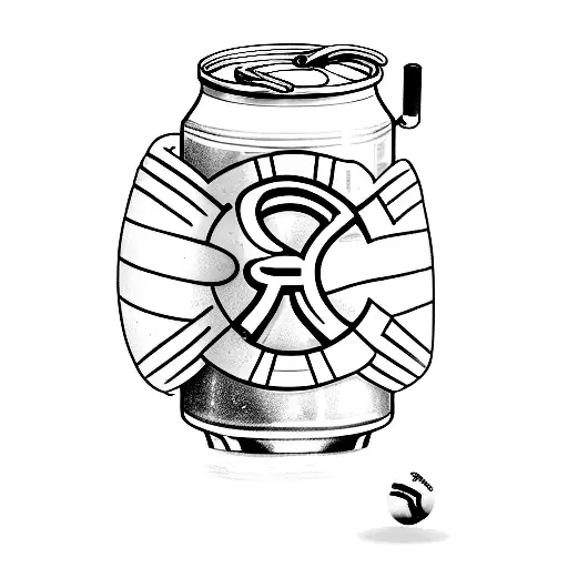 A Coca-Cola can transformed into a baseball, with the Atlanta Braves logo in a minimalist style tattoo design idea