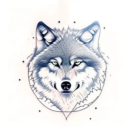 wolf overlooking mountains and pine trees with a stream and a cabin. leg sleeve tattoo design idea