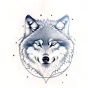 wolf overlooking mountains and pine trees with a stream and a cabin. leg sleeve tattoo design idea