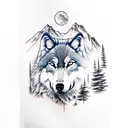 wolf overlooking mountains and pine trees with a stream and a cabin. leg sleeve tattoo design idea