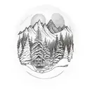 wolf overlooking mountains and pine trees with a stream and a cabin. leg sleeve tattoo design idea