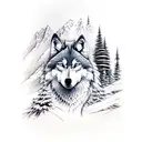 wolf overlooking mountains and pine trees with a stream and a cabin. leg sleeve tattoo design idea