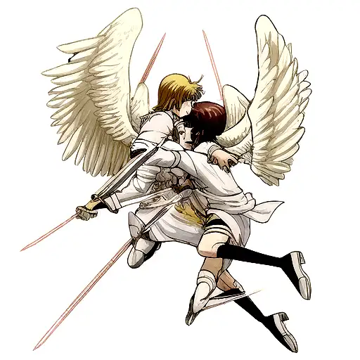 angels with open wings Michael and Gabriel fighting with their swords against all the angels fallen in the war between h tattoo design idea