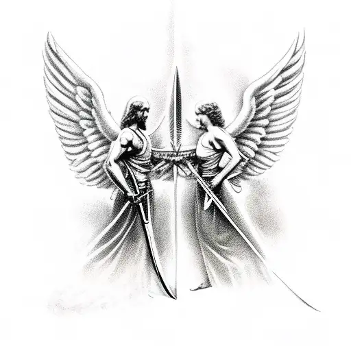 angels with wings Michael and Gabriel fighting with their swords with the angels fallen in war tattoo design idea