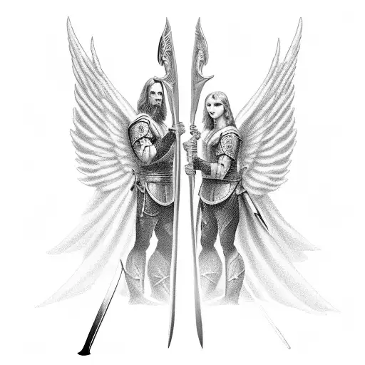 angels with open wings Michael and Gabriel fighting with their swords against all the angels fallen in the war between h tattoo design idea
