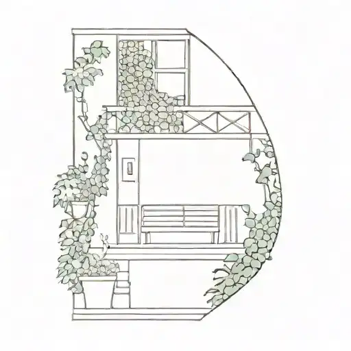  A 2D picture of a balcony with a door in the center, a bench, a gutter, and ivy tattoo design idea
