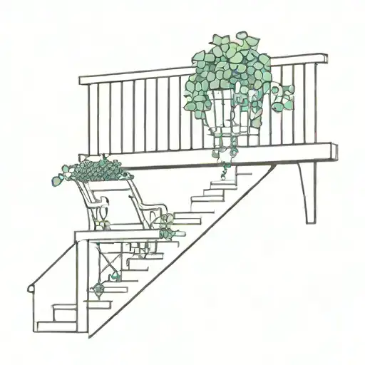A 2D picture of a balcony with a bench, a gutter, and ivy. tattoo design idea