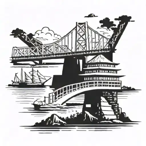 black and white tattoo of Memphis TN bridge riverboat and pyrami tattoo design idea