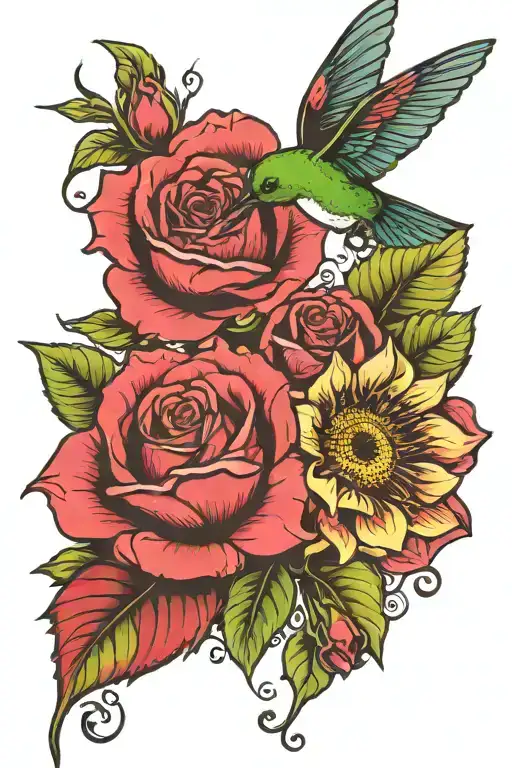 rose, sunflower, hummingbird, bleeding heart flower tattoo design idea