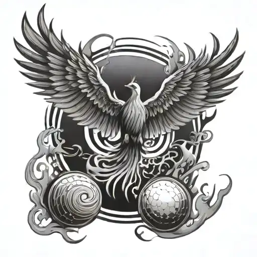 A phoenix rising from a discgolf basket, with discs flying around it in a fiery trail tattoo design idea