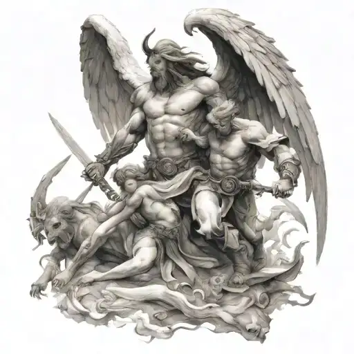 angel demon war scene tattoo design idea