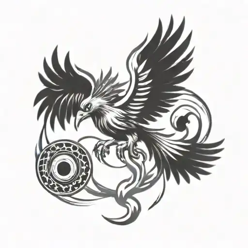 A phoenix rising from a discgolf basket, with discs flying around it in a fiery trail tattoo design idea