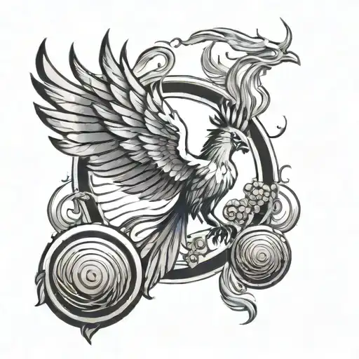 A phoenix rising from a discgolf basket, with discs flying around it in a fiery trail tattoo design idea
