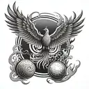 A phoenix rising from a discgolf basket, with discs flying around it in a fiery trail tattoo design idea