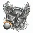 A phoenix rising from a discgolf basket, with discs flying around it in a fiery trail tattoo design idea