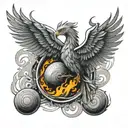 A phoenix rising from a discgolf basket, with discs flying around it in a fiery trail tattoo design idea