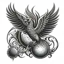 A phoenix rising from a discgolf basket, with discs flying around it in a fiery trail tattoo design idea