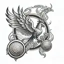 A phoenix rising from a discgolf basket, with discs flying around it in a fiery trail tattoo design idea