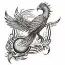 A phoenix rising from a discgolf basket, with discs flying around it in a fiery trail tattoo design idea