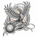 A phoenix rising from a discgolf basket, with discs flying around it in a fiery trail tattoo design idea