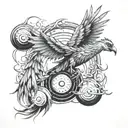 A phoenix rising from a discgolf basket, with discs flying around it in a fiery trail tattoo design idea