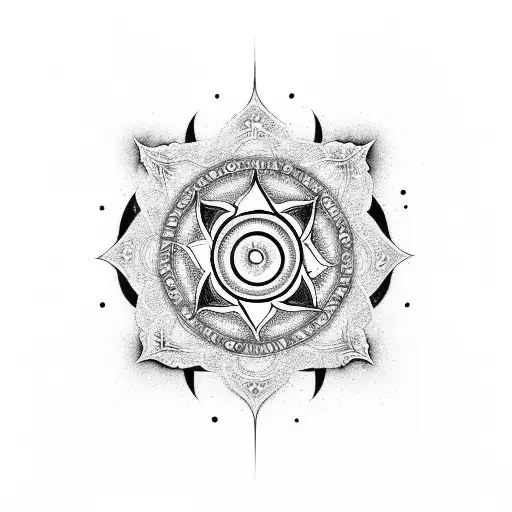 A chakra symbol formed by mountain peaks in a black-grey style tattoo design idea